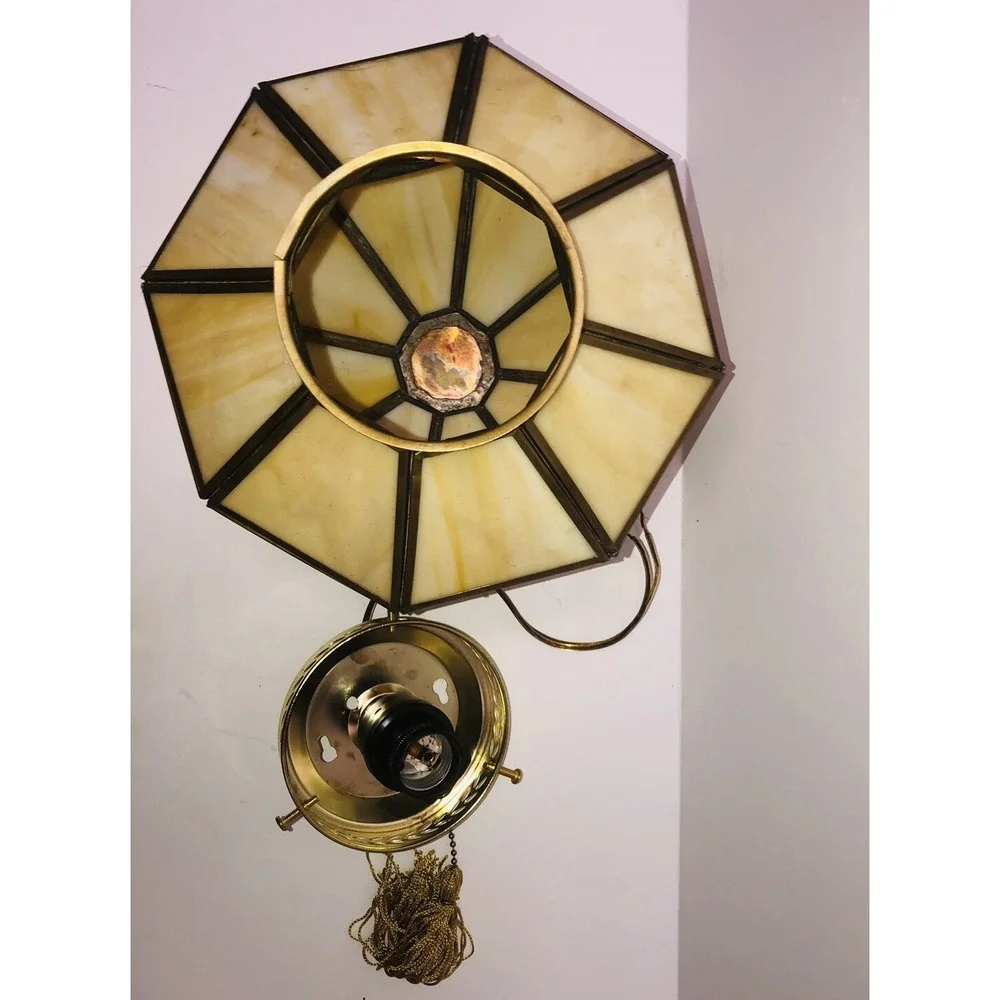 Vintage Amber Caramel Stained Glass Panels Lamp‎ Shade Ceiling Hanging Octagon